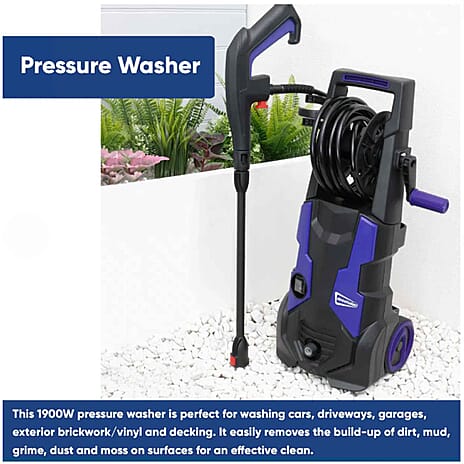 High-Pressure Washer with Hose Reel and Adjustable Nozzle (1900W) - Blue - Black